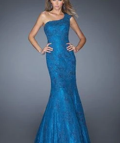 Formal Gowns La Femme - 19604 Asymmetrical Cap Sleeve Lace Gown