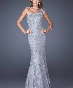 Formal Gowns La Femme - 19604 Asymmetrical Cap Sleeve Lace Gown