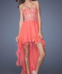 Cocktail Dresses La Femme - 19607 Lace Sweetheart Handkerchief High-Low Gown