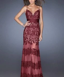 La Femme - 20131 Sweetheart Floral Lace Striped Evening Dress