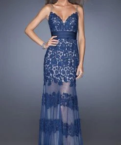 La Femme - 20131 Sweetheart Floral Lace Striped Evening Dress