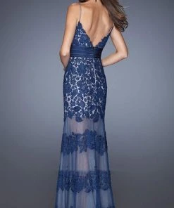 La Femme - 20131 Sweetheart Floral Lace Striped Evening Dress