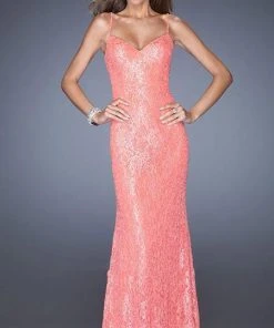 La Femme - 20431 Sequin And Lace Spaghetti Strap Evening Dress Formal Gowns
