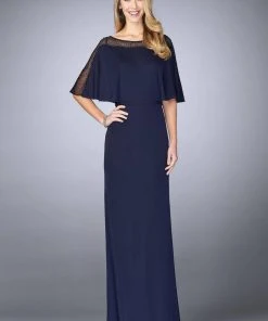 Formal Gowns La Femme - 23113 Faux Cape Jersey Column Dress