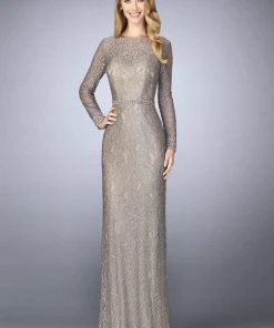 La Femme - 23115 Lace Long Sleeves Sheath Long Dress Formal Gowns