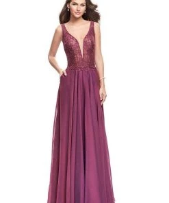 Formal Gowns La Femme - 25513SC Embellished Plunging V-neck Long Dress - 1 Pc Boysenberry In Size 4 Available
