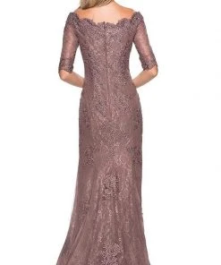 La Femme - 26943SC Bedazzled Scalloped V-neck Trumpet Dress - 1 Pc Cocoa In Size 6 Available Formal Gowns 6 La Femme - 26943SC Bedazzled Scalloped V-neck Trumpet Dress - 1 Pc Cocoa In Size 6 Available Formal Gowns