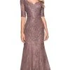 La Femme - 26943SC Bedazzled Scalloped V-neck Trumpet Dress - 1 Pc Cocoa In Size 6 Available Formal Gowns