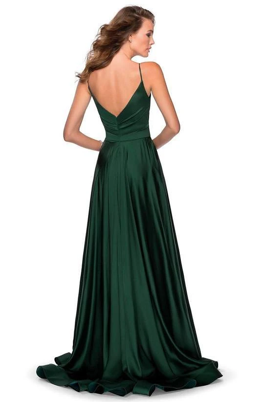 La Femme - 28607SC Spaghetti Strap Deep V Neck High Leg Slit Satin Gown Formal Gowns 4 La Femme - 28607SC Spaghetti Strap Deep V Neck High Leg Slit Satin Gown Formal Gowns