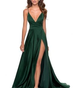La Femme - 28607SC Spaghetti Strap Deep V Neck High Leg Slit Satin Gown Formal Gowns 13 La Femme - 28607SC Spaghetti Strap Deep V Neck High Leg Slit Satin Gown Formal Gowns