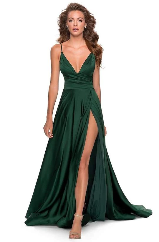 La Femme - 28607SC Spaghetti Strap Deep V Neck High Leg Slit Satin Gown Formal Gowns 5 La Femme - 28607SC Spaghetti Strap Deep V Neck High Leg Slit Satin Gown Formal Gowns