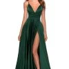 La Femme - 28607SC Spaghetti Strap Deep V Neck High Leg Slit Satin Gown Formal Gowns
