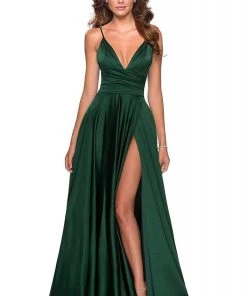 La Femme - 28607SC Spaghetti Strap Deep V Neck High Leg Slit Satin Gown Formal Gowns