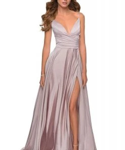 La Femme - 28607SC Spaghetti Strap Deep V Neck High Leg Slit Satin Gown Formal Gowns 17 La Femme - 28607SC Spaghetti Strap Deep V Neck High Leg Slit Satin Gown Formal Gowns