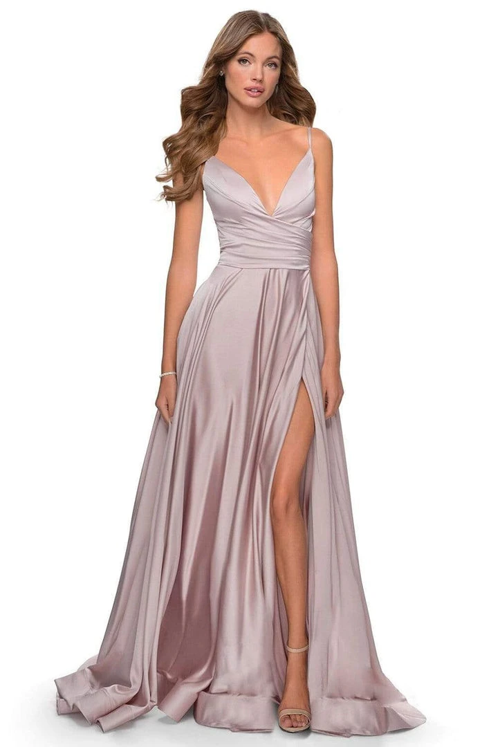 La Femme - 28607SC Spaghetti Strap Deep V Neck High Leg Slit Satin Gown Formal Gowns 9 La Femme - 28607SC Spaghetti Strap Deep V Neck High Leg Slit Satin Gown Formal Gowns