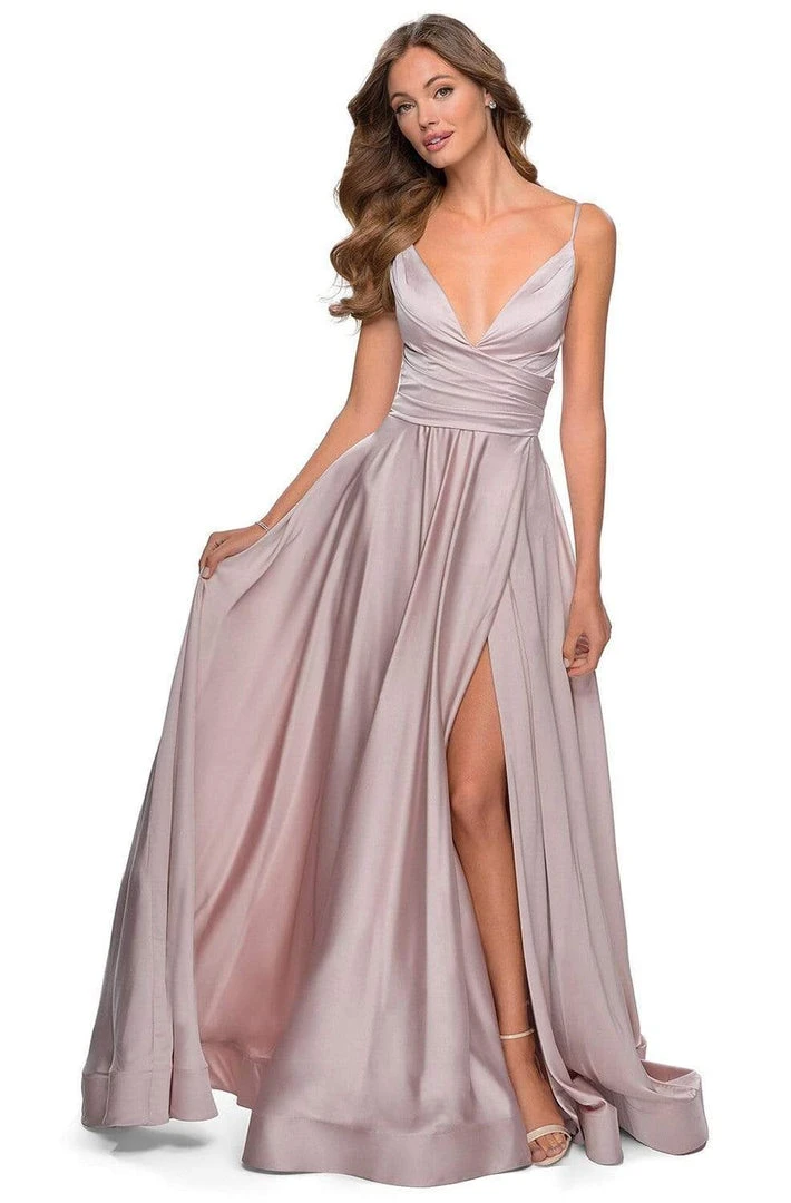 La Femme - 28607SC Spaghetti Strap Deep V Neck High Leg Slit Satin Gown Formal Gowns 11 La Femme - 28607SC Spaghetti Strap Deep V Neck High Leg Slit Satin Gown Formal Gowns