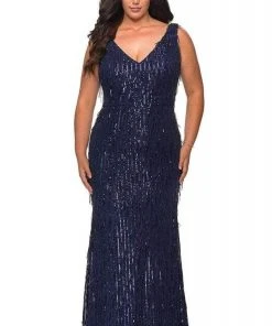 Formal Gowns La Femme - 28946SC Sequined Deep V-neck Long Gown - 1 Pc Navy In Size 14W Available