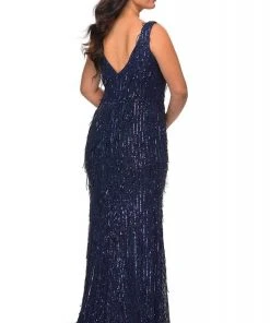 Formal Gowns La Femme - 28946SC Sequined Deep V-neck Long Gown - 1 Pc Navy In Size 14W Available 5 Formal Gowns La Femme - 28946SC Sequined Deep V-neck Long Gown - 1 Pc Navy In Size 14W Available