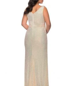 Formal Gowns La Femme - 29046SC Plunging V-Neck Sequined Gown With High Slit - 1 Pc Silver In Size 12W Available