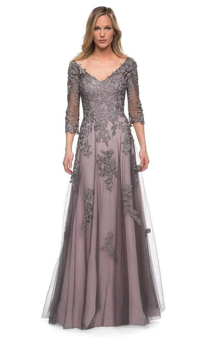 La Femme - 29205SC Floral Appliqued V-neck Formal Gown - 1 Pc Pink/Gray In Size 6 Available 3 La Femme - 29205SC Floral Appliqued V-neck Formal Gown - 1 Pc Pink/Gray In Size 6 Available