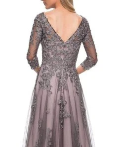 La Femme - 29205SC Floral Appliqued V-neck Formal Gown - 1 Pc Pink/Gray In Size 6 Available 9 La Femme - 29205SC Floral Appliqued V-neck Formal Gown - 1 Pc Pink/Gray In Size 6 Available
