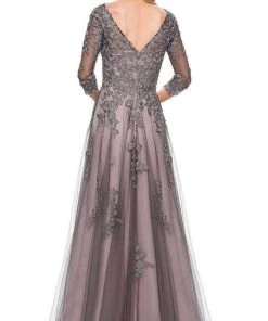 La Femme - 29205SC Floral Appliqued V-neck Formal Gown - 1 Pc Pink/Gray In Size 6 Available 7 La Femme - 29205SC Floral Appliqued V-neck Formal Gown - 1 Pc Pink/Gray In Size 6 Available