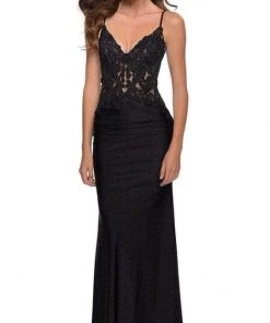 Formal Gowns La Femme - 29774 Sheer Lace Plunging V Neckline Long Dress - 1 Pc Black In Size 2 Available