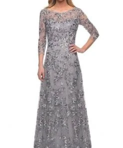 La Femme - 29903 Quarter Sleeve Bateau Neck Formal Dress - 1 Pc Silver In Size 14 Available