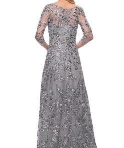 La Femme - 29903 Quarter Sleeve Bateau Neck Formal Dress - 1 Pc Silver In Size 14 Available