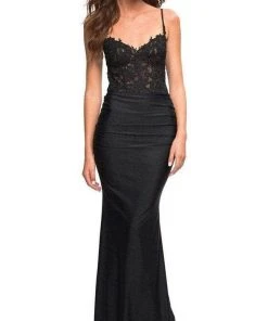 La Femme - 30521SC Lace Embroidered V-neck Evening Gown - 1 Pc Navy In Size 4 Available