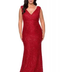 La Femme - Beaded Lace Evening Gown 28837SC - 1 Pc Red In Size 12W Available