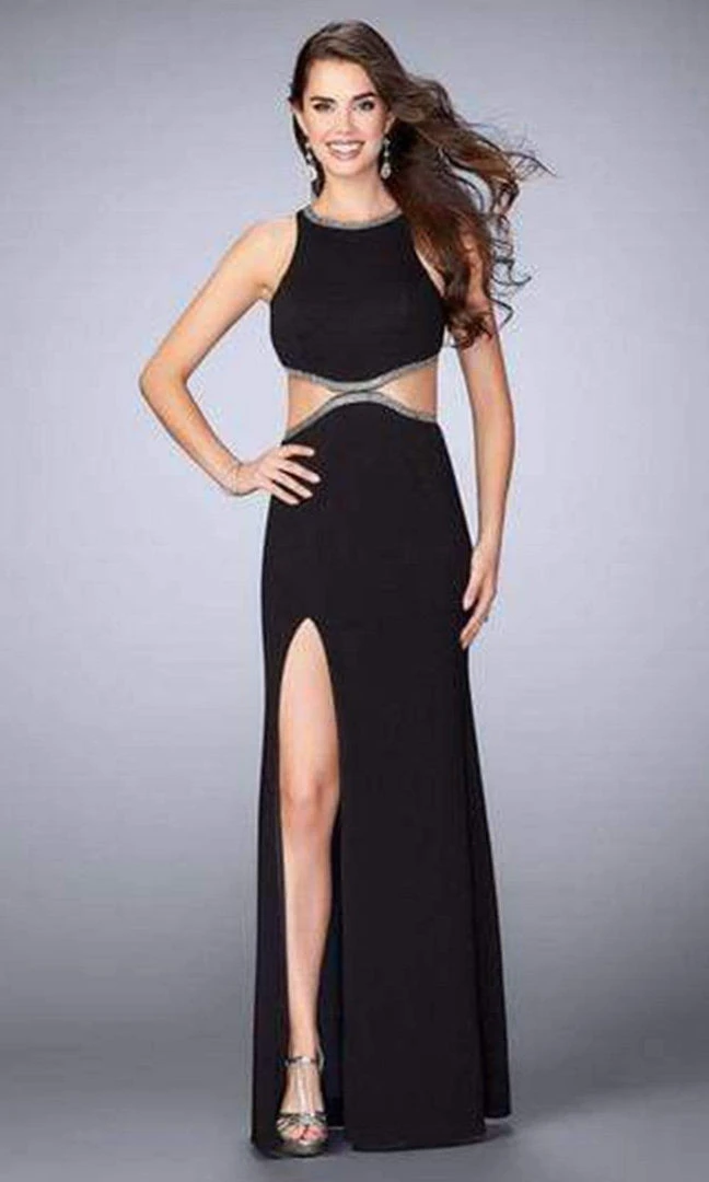La Femme - Beaded Sleeveless Cutouts Evening Gown With Slit 23418SC - 1 Pc Black In Size 2 Available Formal Gowns 3 La Femme - Beaded Sleeveless Cutouts Evening Gown With Slit 23418SC - 1 Pc Black In Size 2 Available Formal Gowns