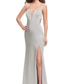 Formal Gowns La Femme - Bejeweled Strappy Back High Slit Dress 25398SC - 1 Pc Silver In Size 8 Available