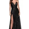 La Femme - Crisscross Back Sequined Dress With Slit 28276SC - 1 Pc Mint In Size 2 Available Formal Gowns 1 La Femme - Crisscross Back Sequined Dress With Slit 28276SC - 1 Pc Mint In Size 2 Available Formal Gowns