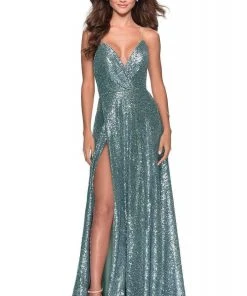 La Femme - Crisscross Back Sequined Dress With Slit 28276SC - 1 Pc Mint In Size 2 Available Formal Gowns