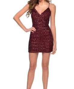 La Femme - Deep V-Neck Sequin Short Dress 29171SC - 2 Pc Wine In Size 4 Available Cocktail Dresses