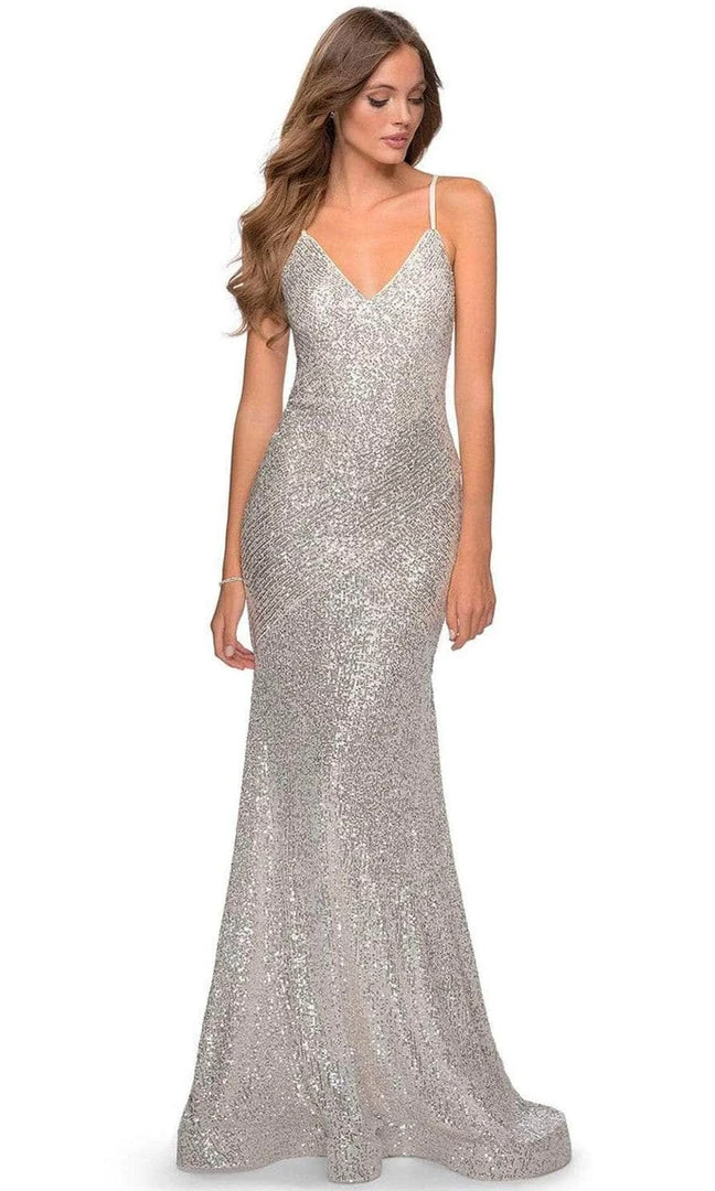 La Femme - Deep V-Neckline Sequin Sheath Dress 28713 - 1 Pc Silver In Size 00 Available Formal Gowns 3 La Femme - Deep V-Neckline Sequin Sheath Dress 28713 - 1 Pc Silver In Size 00 Available Formal Gowns