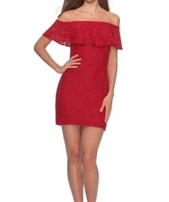 La Femme - Draped Lace Off Shoulder Short Dress 28147SC