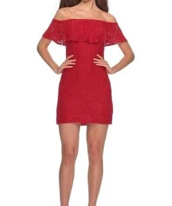 La Femme - Draped Lace Off Shoulder Short Dress 28147SC