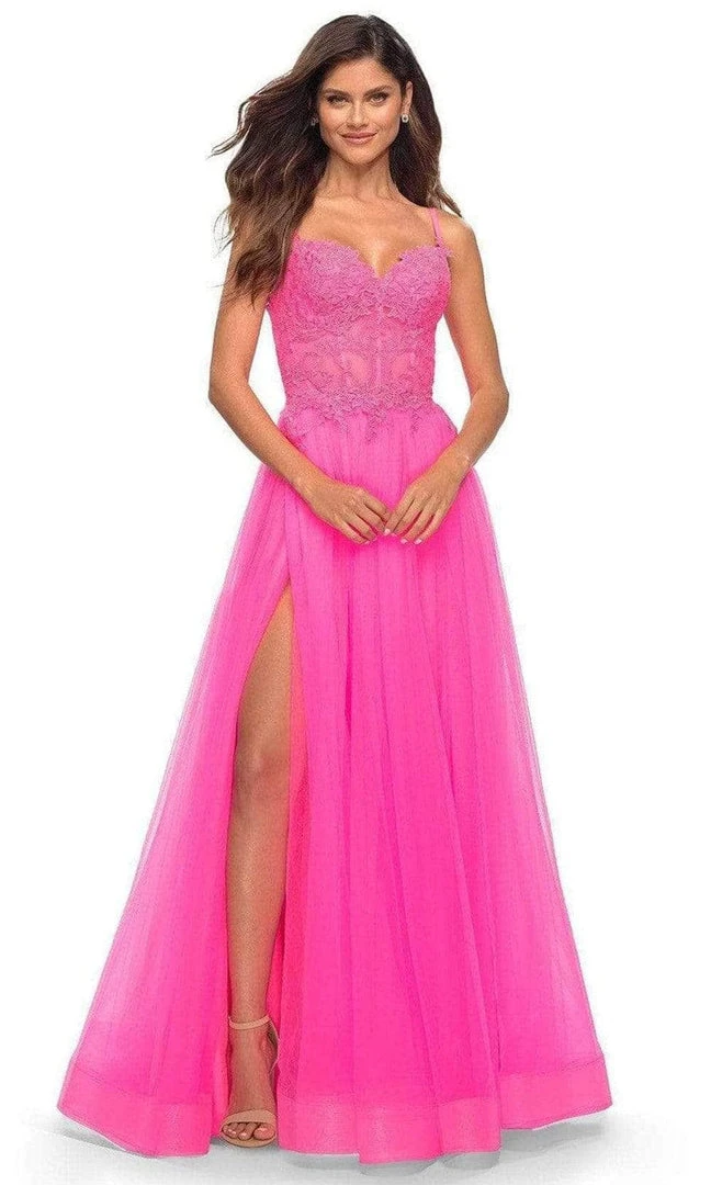 La Femme - Embroidered Tulle Prom Gown 30755SC - 1 Pc Neon Pink In Size 6 Available 3 La Femme - Embroidered Tulle Prom Gown 30755SC - 1 Pc Neon Pink In Size 6 Available