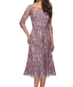 La Femme - Floral Embroidered Illusion Bateau Dress 27971SC - 1 Pc Dusty Lilac In Size 14 Available Cocktail Dresses