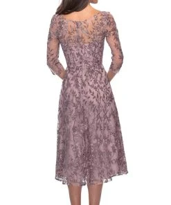 La Femme - Floral Embroidered Illusion Bateau Dress 27971SC - 1 Pc Dusty Lilac In Size 14 Available Cocktail Dresses