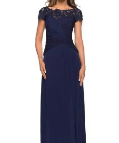 La Femme - Knot-Ornate Ruched Evening Dress 28029SC - 1 Pc Navy In Size 14 Available Formal Gowns