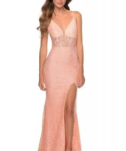 La Femme - Lace Corset High Slit Dress 28591SC Formal Gowns