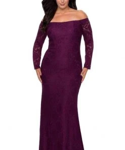 Formal Gowns La Femme - Lace Off-Shoulder Sheath Dress 28859SC - 1 Pc Dark Berry In Size 16W Available