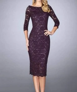 La Femme - Lace Tea Length Dress 24875SC - 1 Pc Plum In Size 4 Available
