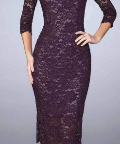 La Femme - Lace Tea Length Dress 24875SC - 1 Pc Plum In Size 4 Available