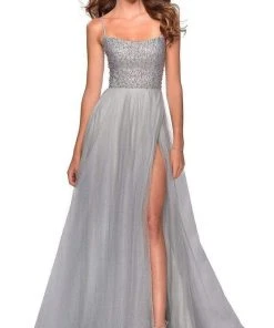 La Femme - Long Beaded Bodice High Slit Tulle Dress 28530SC - 1 Pc Silver In Size 0 Available Formal Gowns 8 La Femme - Long Beaded Bodice High Slit Tulle Dress 28530SC - 1 Pc Silver In Size 0 Available Formal Gowns