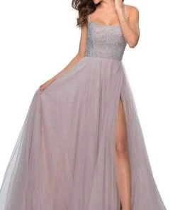 La Femme - Long Beaded Bodice High Slit Tulle Dress 28530SC - 1 Pc Silver In Size 0 Available Formal Gowns 7 La Femme - Long Beaded Bodice High Slit Tulle Dress 28530SC - 1 Pc Silver In Size 0 Available Formal Gowns