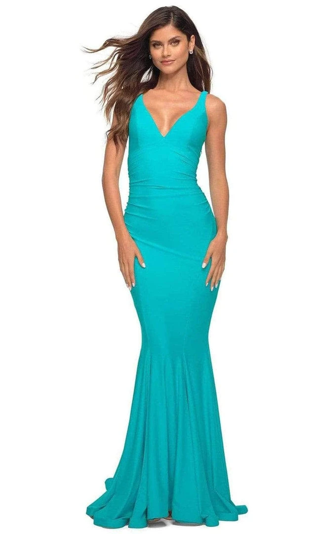 La Femme - Low V-Neck Ruched Prom Gown 30746SC - 1 Pc Aqua In Size 0 Available Formal Gowns 3 La Femme - Low V-Neck Ruched Prom Gown 30746SC - 1 Pc Aqua In Size 0 Available Formal Gowns